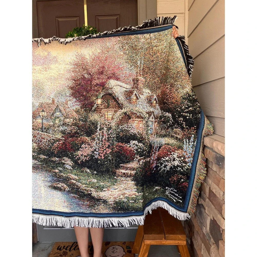Vintage Thomas Kinkade Painter of Light Woven Tapestry Throw Blanket Cottage